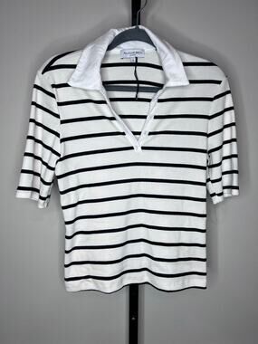Michael Stars Mykonos Striped Ribbed Polo Top White Black USA NWOT Medium